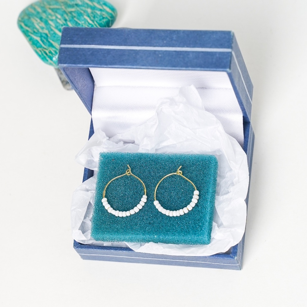 Seed Bead Hoop Earrings Handmade White with Gift Box